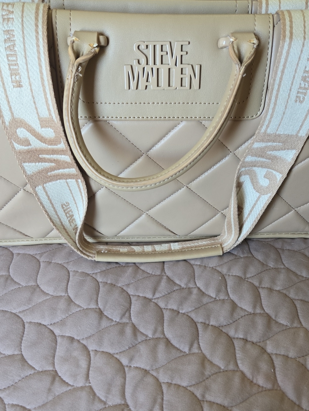 Steve Madden Cream Quilted Tote with Branded Strap